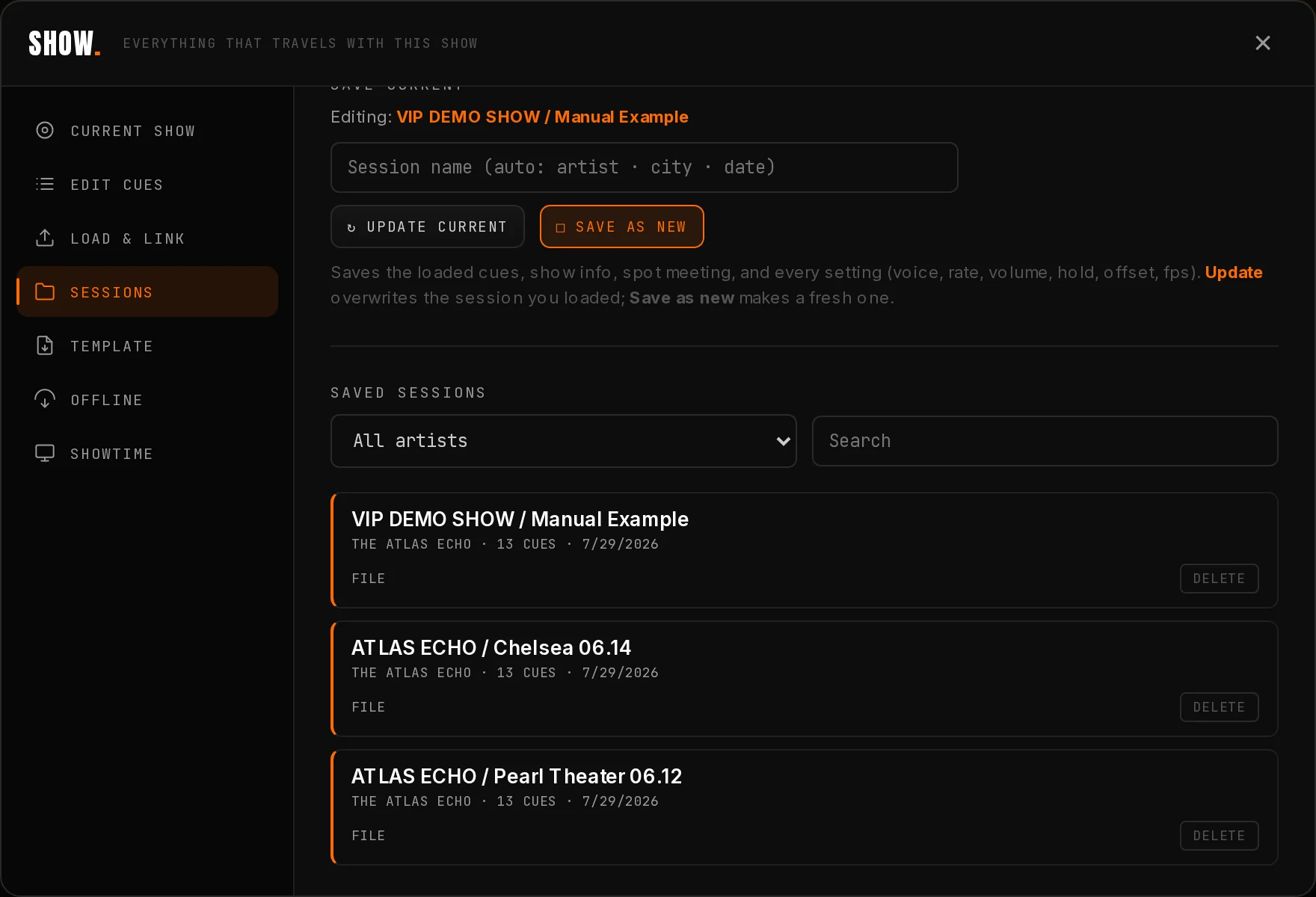 The Sessions pane listing saved shows